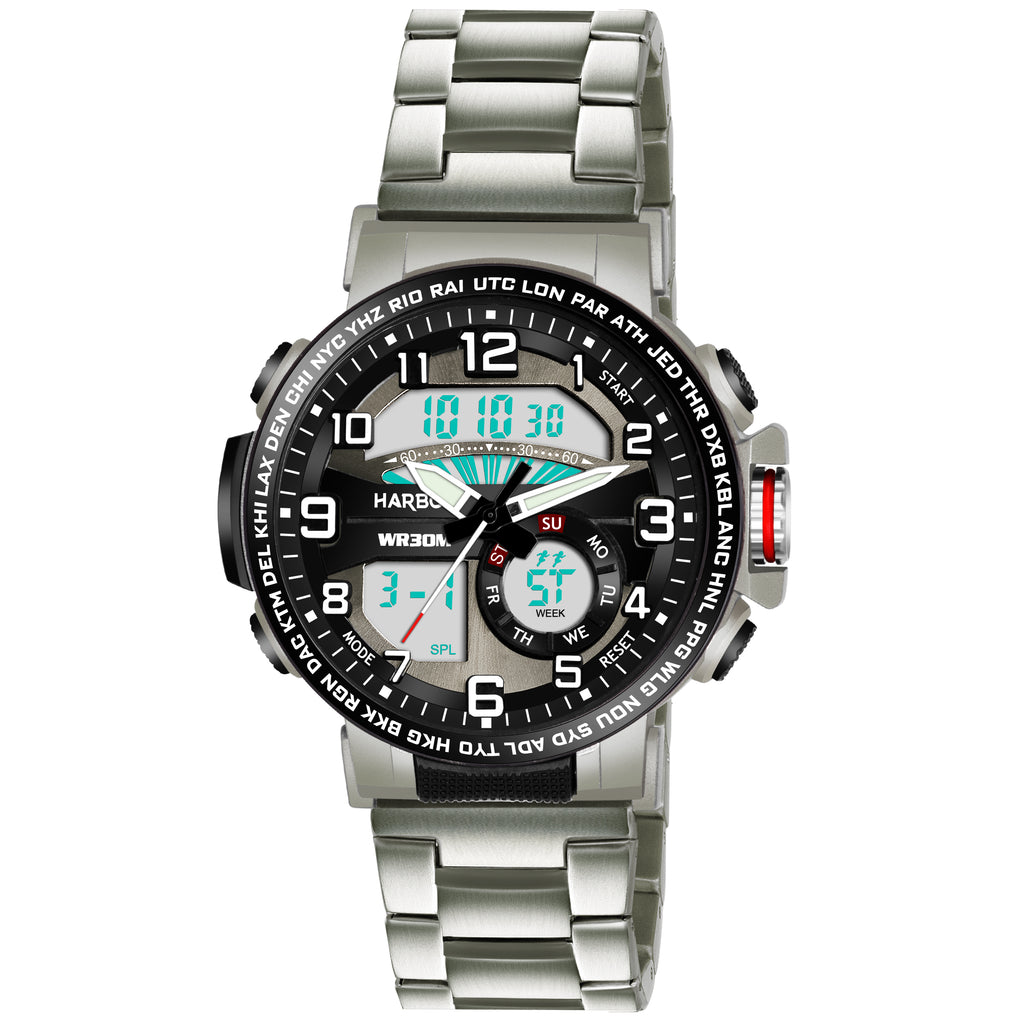 Harbor 1002 Stainless Steel Strap Analog Digital Sports Watch For Men