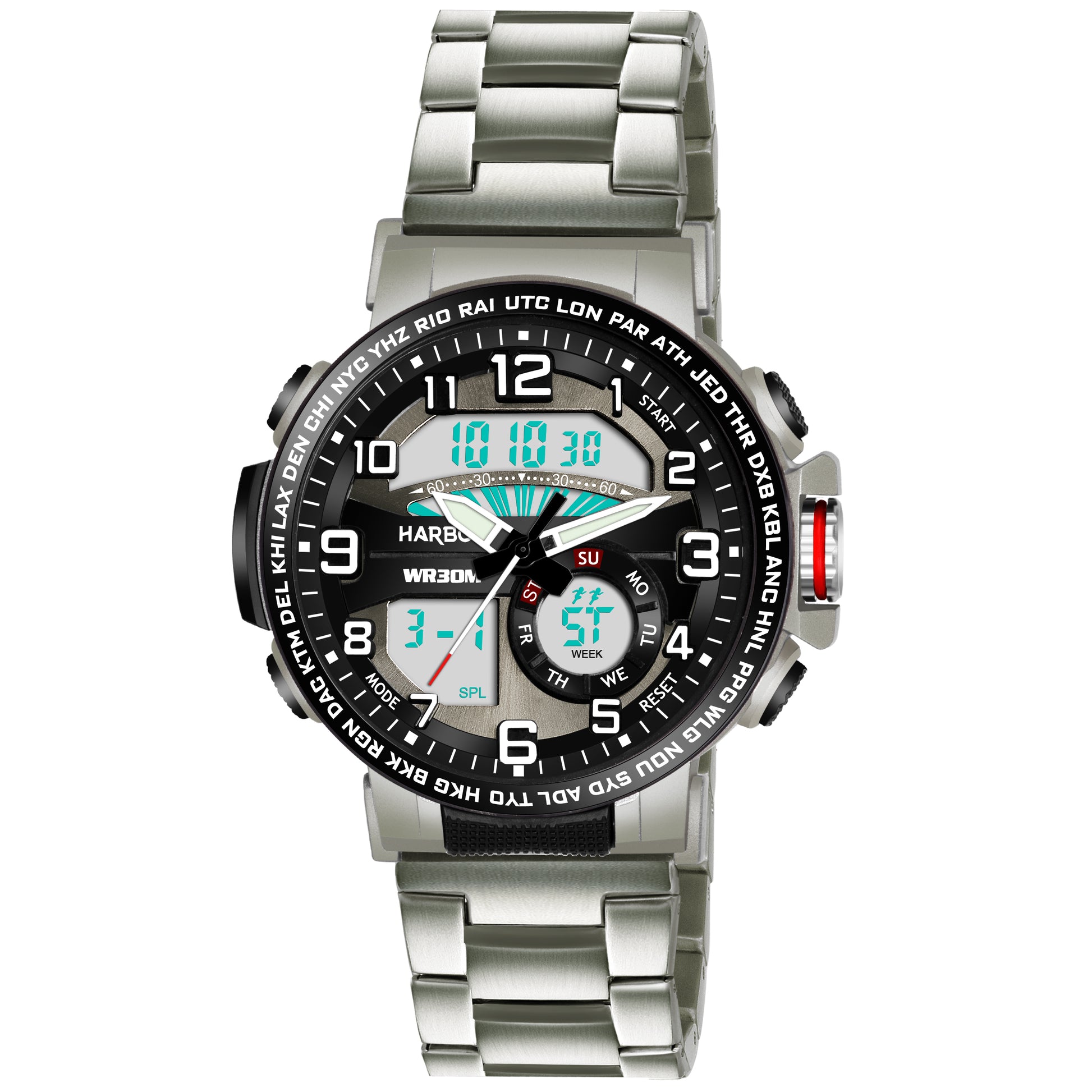 Harbor 1002 Stainless Steel Strap Analog Digital Sports Watch For Men