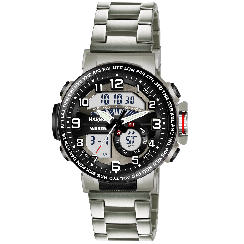 Harbor 1002 Stainless Steel Strap Analog Digital Sports Watch For Men