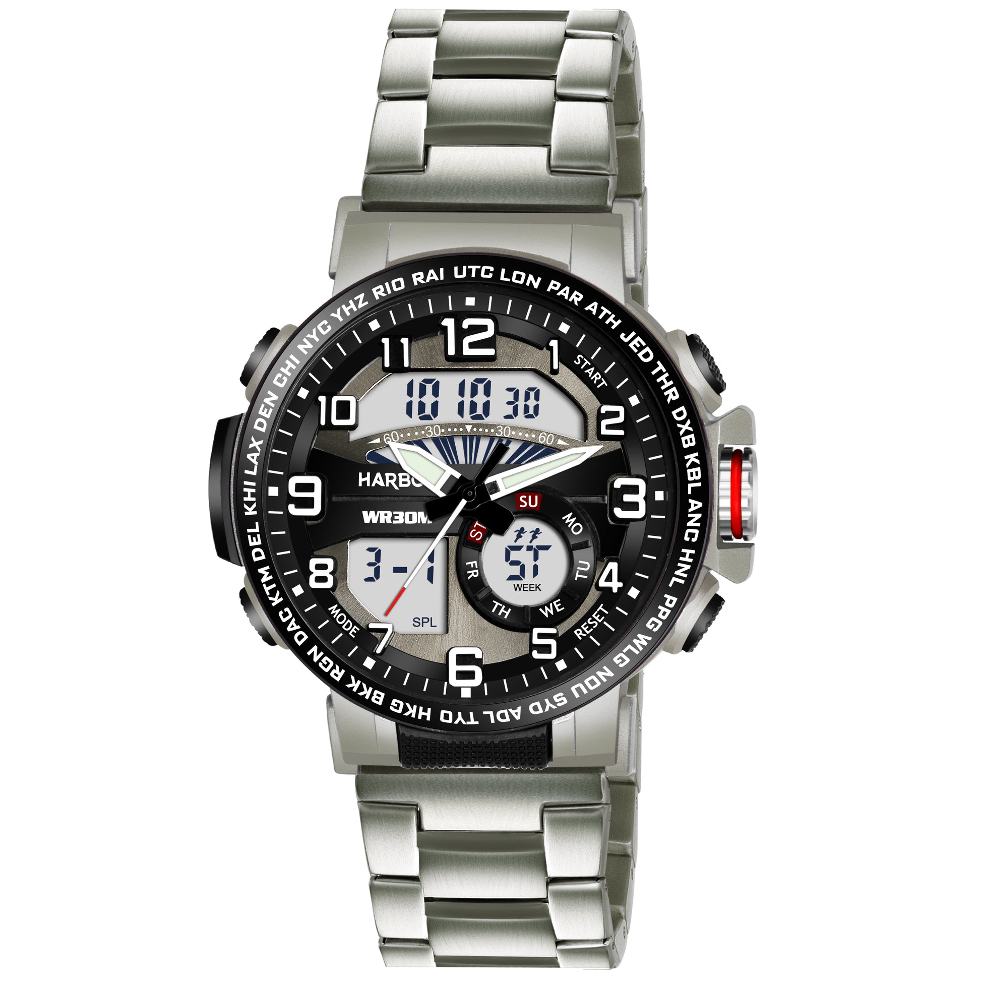 Harbor 1002 Stainless Steel Strap Analog Digital Sports Watch For Men