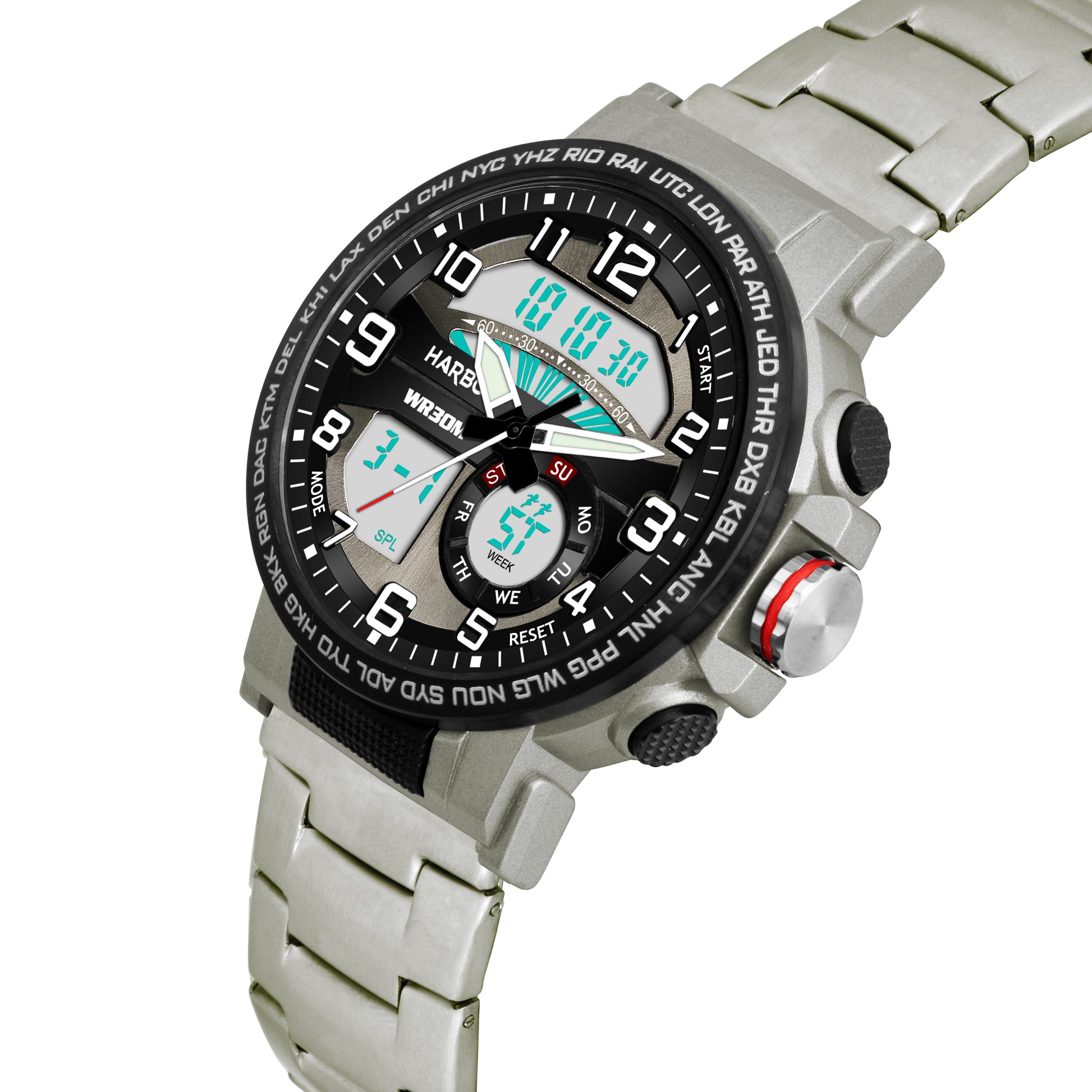 Harbor 1002 Stainless Steel Strap Analog Digital Sports Watch For Men