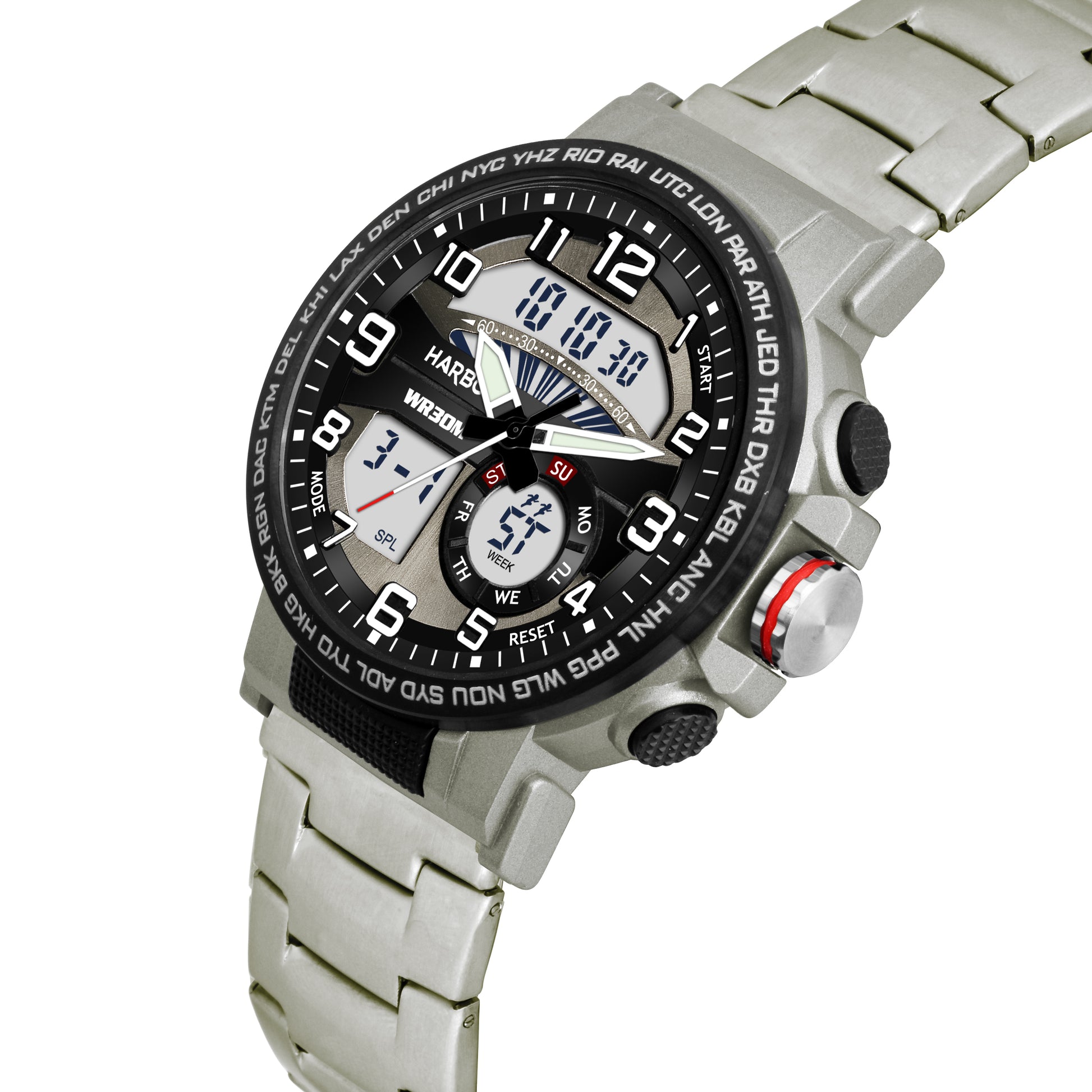 Harbor 1002 Stainless Steel Strap Analog Digital Sports Watch For Men
