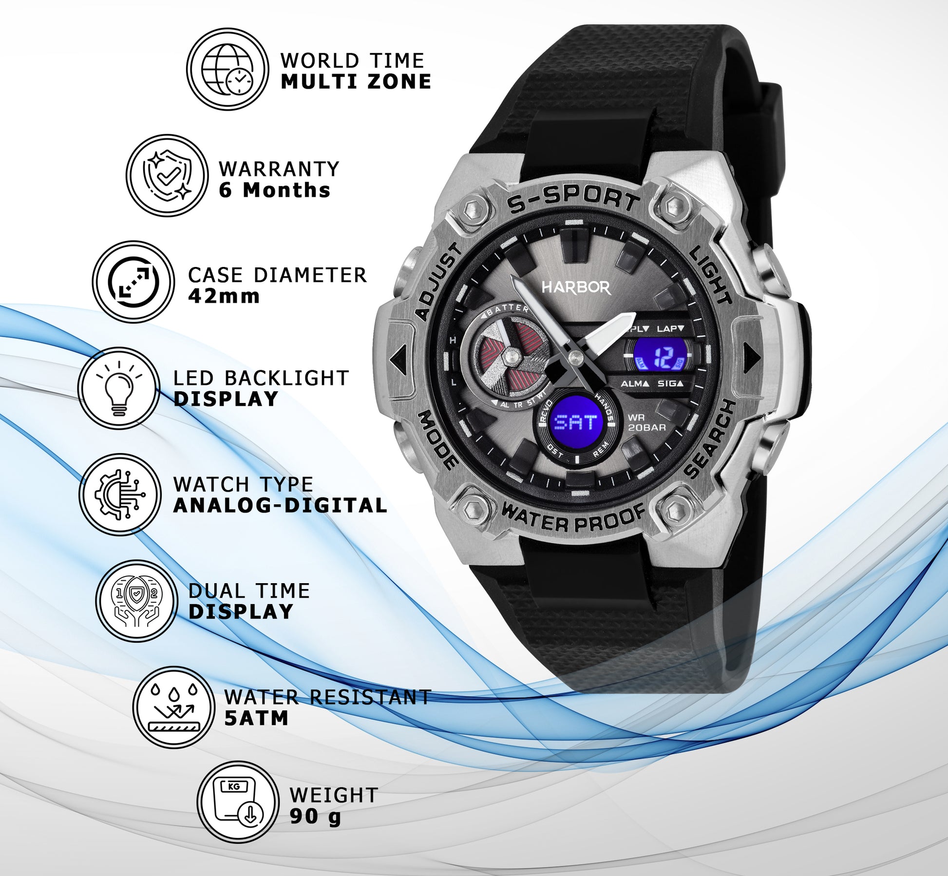 Harbor 9125 Black Multi Time Zone Watch