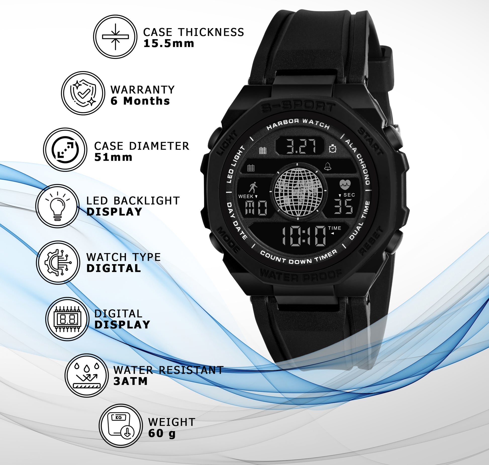 Harbor 9134 Black Digital Sports Watch